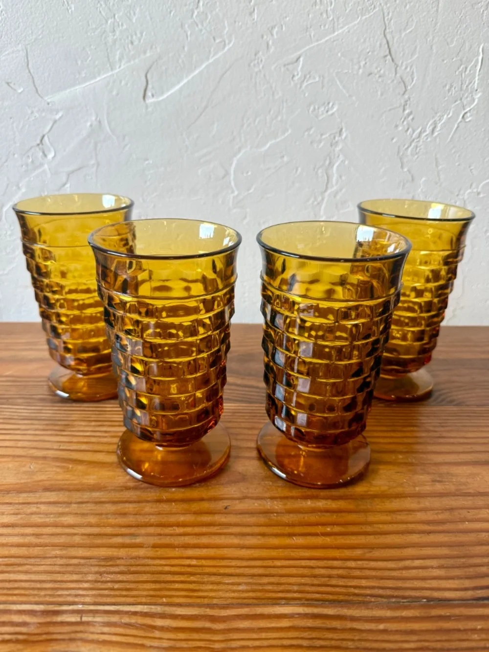 Vintage Indiana Glass Whitehall Cubist Amber Footed Tumblers – Set of 4